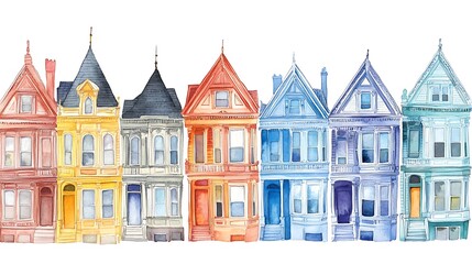 Fototapeta premium Watercolor illustration of colorful Victorian houses in a row.