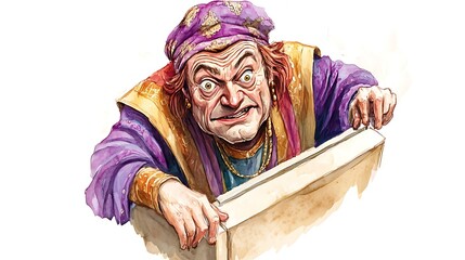 Obraz premium Watercolor Illustration of a Woman with a Curious Expression Peeking Over a Box.