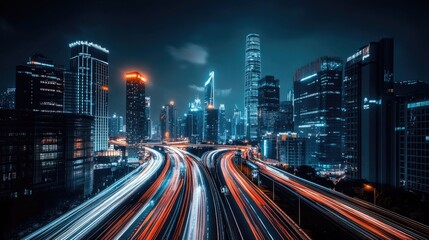 Fototapeta premium A busy highway leading toward a glowing city skyline at night, with streaking car lights and towering buildings in the distance.