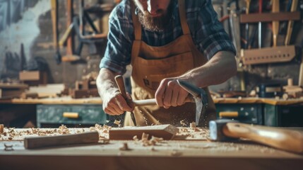 A carpenter uses a chisel to cut wood in a detailed, focused scene filled with sawdust and workshop tools, highlighting craftsmanship and dedication.