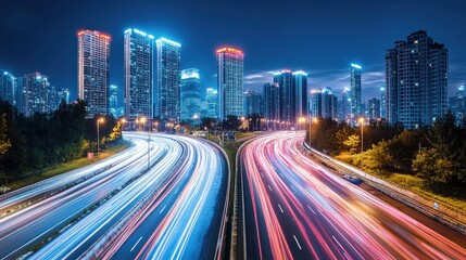 Naklejka premium A busy highway leading toward a glowing city skyline at night, with streaking car lights and towering buildings in the distance.