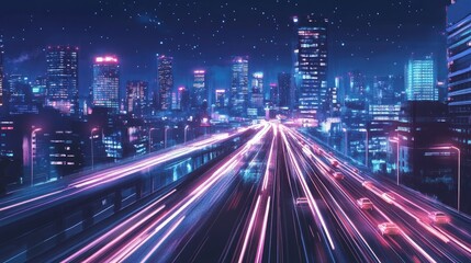 Fototapeta premium A busy highway leading toward a glowing city skyline at night, with streaking car lights and towering buildings in the distance.