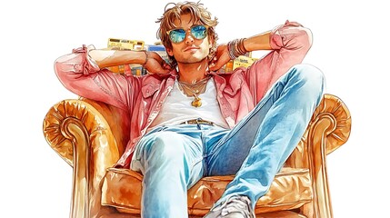 Obraz premium Young Man Relaxing in a Leather Armchair with Sunglasses.