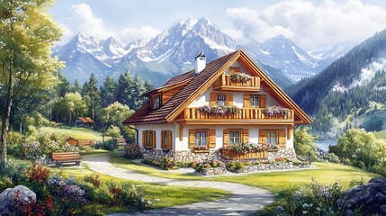Charming Mountain Cottage with Stone and Wood Details.