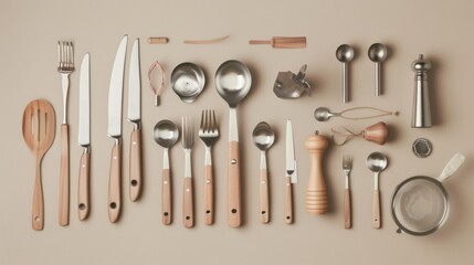 An organized array of kitchen utensils displayed neatly against a neutral background.