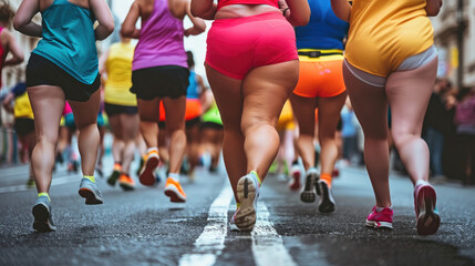 A group of runners in vibrant outfits competes in a city street race, showcasing determination and energy