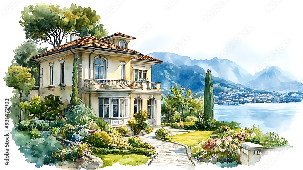 Poster Watercolor Illustration of a Luxurious Villa with Stunning Mountain and Lake Views.