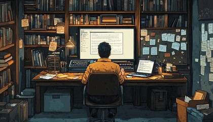 Panoramic image of a writer in a cozy study