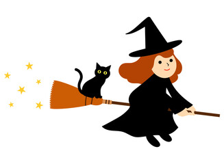 箒で飛んているかわいい魔女と黒猫