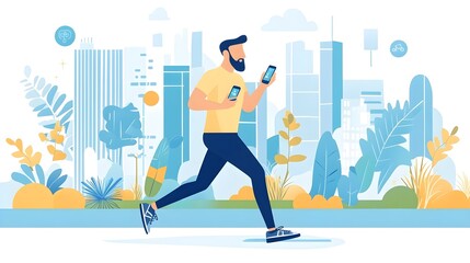 Man Running in City with Smartphone, Urban Lifestyle, Active