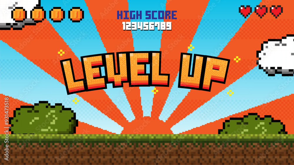 Poster Pixel art game level up background.Video game level up background. Retro 8 bit video game interface with You Win text, computer game level up background.	
