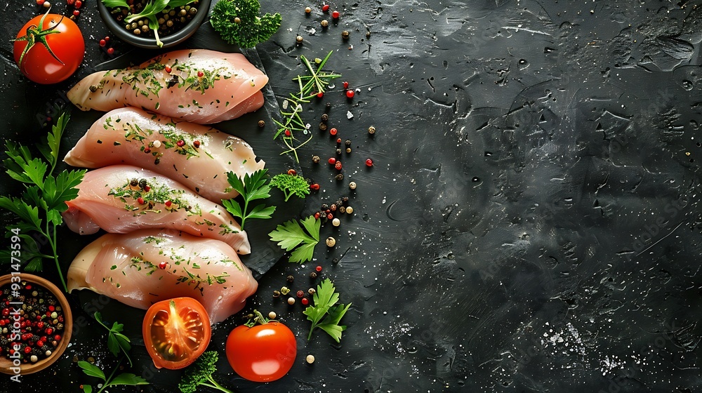 Poster fresh chicken fillet on a dark concrete table with spices and herbs preparation for cooking meat dis