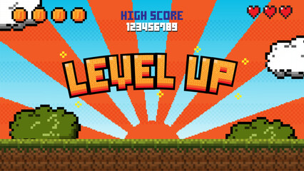 Pixel art game level up background.Video game level up background. Retro 8 bit video game interface with You Win text, computer game level up background.  © Maderla