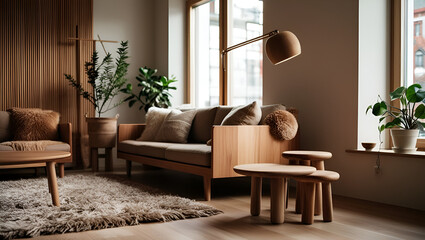 cozy modern room featuring warm natural wooden furniture