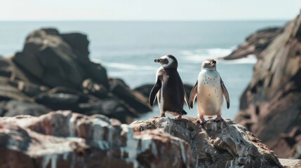 Fototapeta premium A pair of penguins stand on rugged rocky terrain, surveying the ocean, capturing a serene moment of wildlife in its natural habitat.