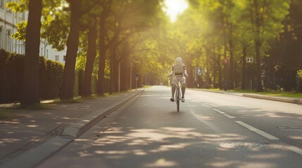 A lone biker enjoys a sun-dappled, tree-lined street in the early morning, capturing the tranquility and freedom of cycling.
