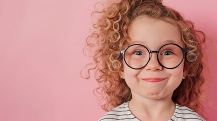 Obraz premium Cheerful child with curly hair and round glasses grinning in front of a pink background.