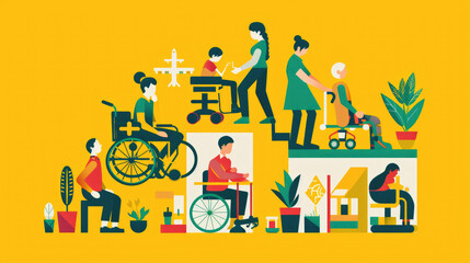 People with disabilities participate in various activities, emphasizing inclusion and community support in a bright, cheerful setting