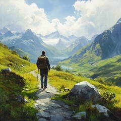 Fototapeta premium A lone trekker enjoying a tranquil moment on a quiet mountain path, with breathtaking views ahead