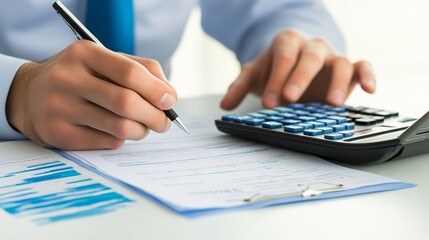A focused financial clerk reviewing documents with a calculator and laptop on a clean desk