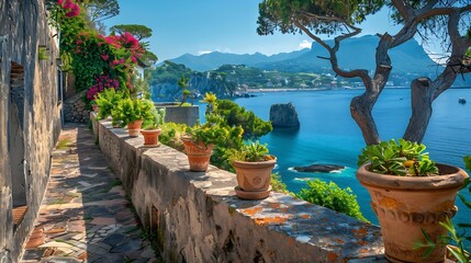 View of the Giardini la Mortella gardens at Ischia Italy : Generative AI