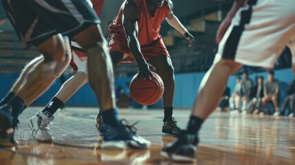 Fototapeta premium Basketball players are fiercely engaged in a game, showcasing intense competition, agility, and teamwork on the court under the bright stadium lights.