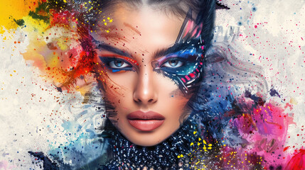 A woman showcases bold artistic makeup against a backdrop of colorful splashes and abstract designs