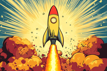 A rocket illustrated in pop art style, featuring bold colors, dynamic patterns, and comic book-inspired elements