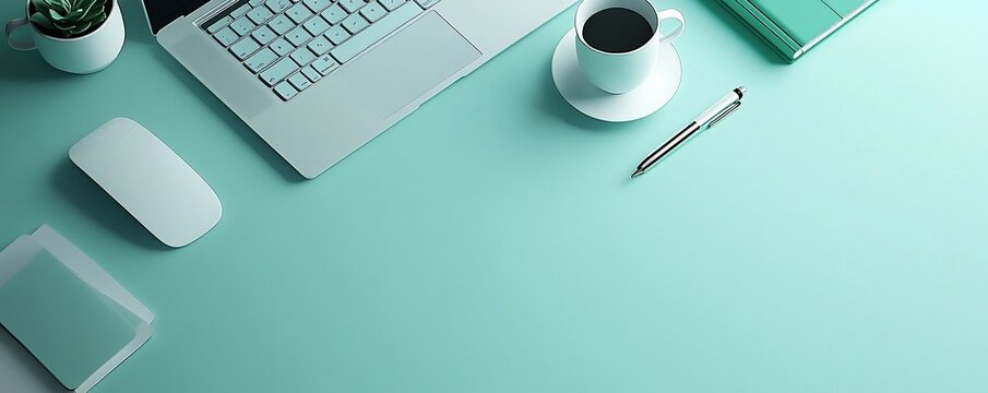 Minimal work space Creative flat lay photo of workspace desk Top view office desk with laptop notebooks and coffee cup on blue color background