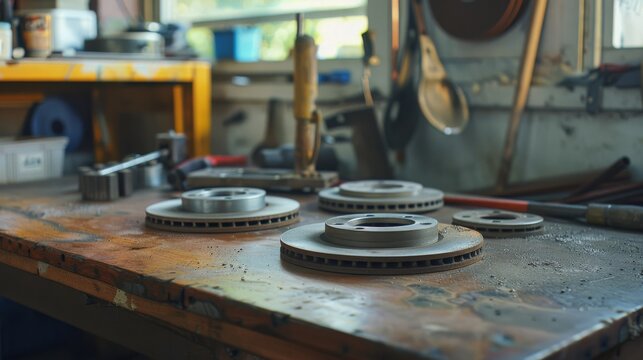 A well-worn workbench in a garage showcases an assortment of tools and brake rotors, reflecting the meticulous and dedicated craft of its owner.