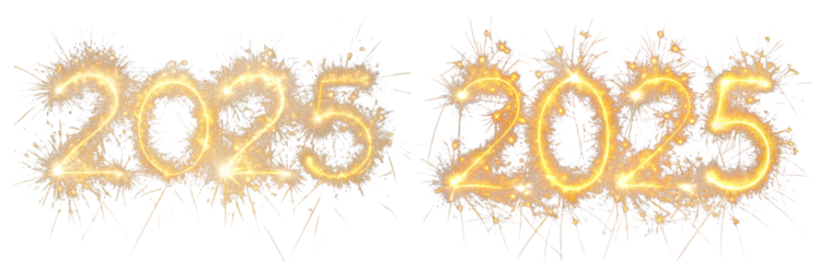Happy New Year 2025. Burning sparkly text 2025 isolated on a transparent background. Beautiful glowing design element for greeting cards and holiday flyers
