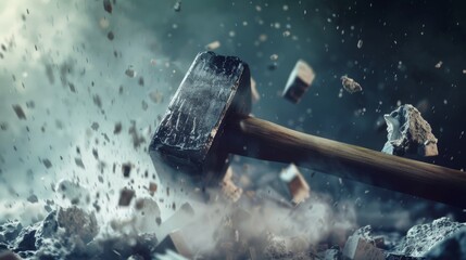 A powerful sledgehammer in mid-swing shatters concrete, sending pieces flying dramatically.
