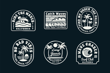 A set of retro-style surf club vector badges featuring ocean waves, palm trees, and sunsets. Perfect for t-shirt designs, stickers, posters and other uses.