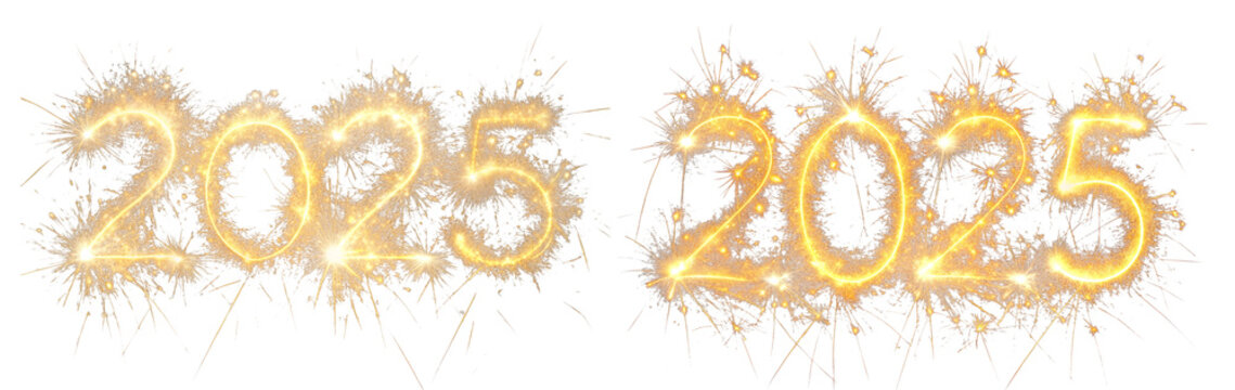 Happy New Year 2025. Burning sparkly text 2025 isolated on a transparent background. Beautiful glowing design element for greeting cards and holiday flyers