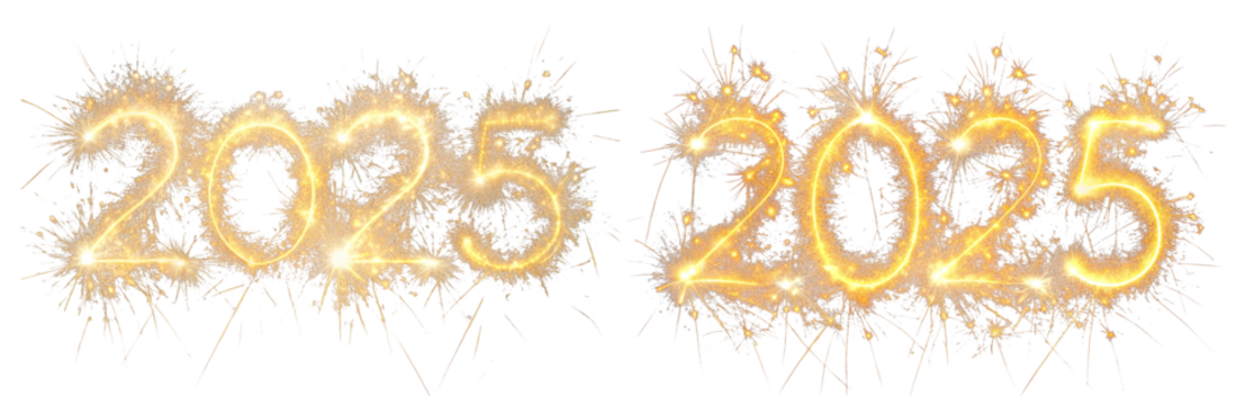 Happy New Year 2025. Burning sparkly text 2025 isolated on a transparent background. Beautiful glowing design element for greeting cards and holiday flyers - Powered by Adobe