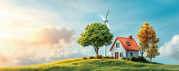 A cozy home on a hill with a wind turbine and lush trees under a bright sky, symbolizing sustainable living.
