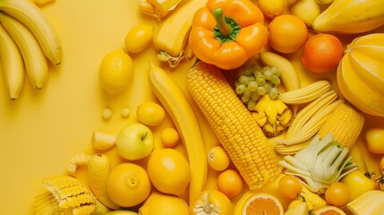 A vibrant array of yellow fruits and vegetables arranged on a bright yellow background, creating a cheerful and visually stimulating display of natural produce.