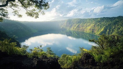 Obraz premium A peaceful volcanic crater lake with glassy water reflecting the sky, encircled by rugged terrain and dense vegetation.