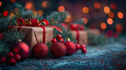 Christmas gifts, presents and balls against the backdrop of a festive Christmas tree with colored festive lights, copy space, winter holidays mood