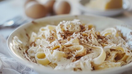 A mouth-watering plate of creamy homemade fettuccine Alfredo, delicately sprinkled with grated cheese, set against a soft-focus background of cooking ingredients.
