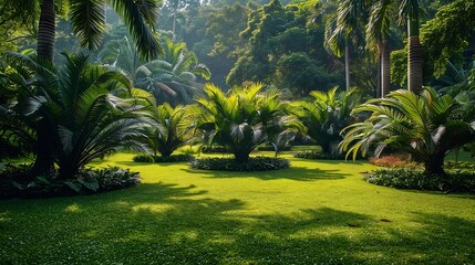 Singapore Botanical Gardens with different types of palm trees The Singapore Botanic Gardens is a 74hectare botanical garden in Singapore : Generative AI