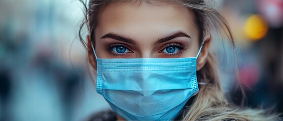 woman with a mask Stay Safe and Protected with Virus Prevention Campaign Banner on Public Health Background