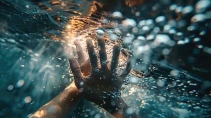 The drowning hand stretched out over the surface for help.