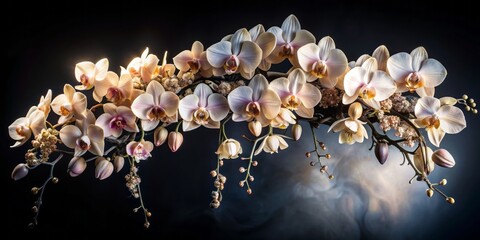 Delicate, exotic orchid blooms cascade downward, their soft pastel hues and intricate details pop against a luxurious, inky black background, evoking elegance and refinement.