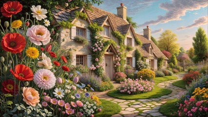 Vibrant wall painting of a cottage house and flowers garden in Europe countryside
