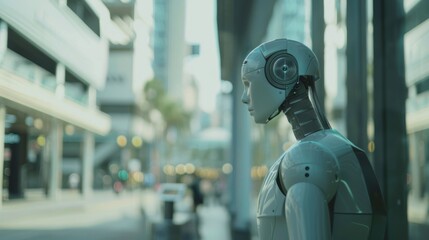 Fototapeta premium An advanced humanoid robot stands in an urban setting, reflecting on society as it blends seamlessly with the modern cityscape.