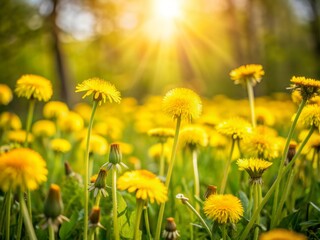 Fototapeta premium Vibrant yellow dandelions sway gently in a sun-kissed field, set against a soft focus backdrop of lush green forest, evoking serenity and new beginnings.