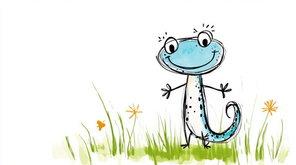 Obraz premium Playful sketch of a smiling blue lizard standing on a grassy field, surrounded by flowers and exuding a friendly vibe.