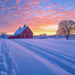 Winter_Sunrise_Over_Snowy_Farm_Red_Barn_Frosty_Fiel