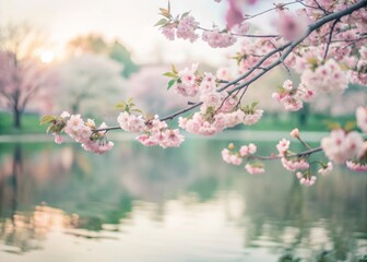 Delicate pink petals unfold on blooming sakura trees, surrounding serene water reflections and lush greenery, beneath a soft, dreamy, pastel-colored spring morning sky.